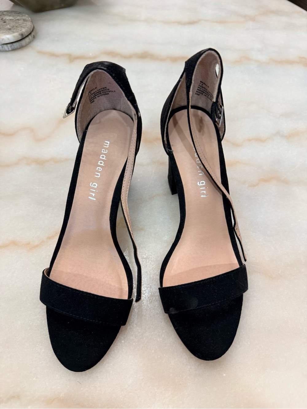 Madden Girl Black Suede Ankle-Strap Block Heels